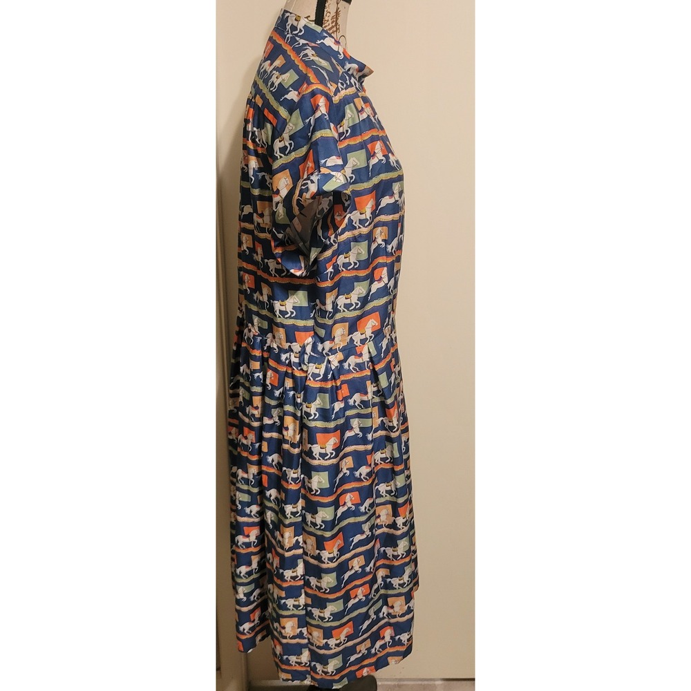 Palava Carousel Horse Print Tencel Midi Dress Blue Orange Button Front Sz 16 - Picture 3 of 9